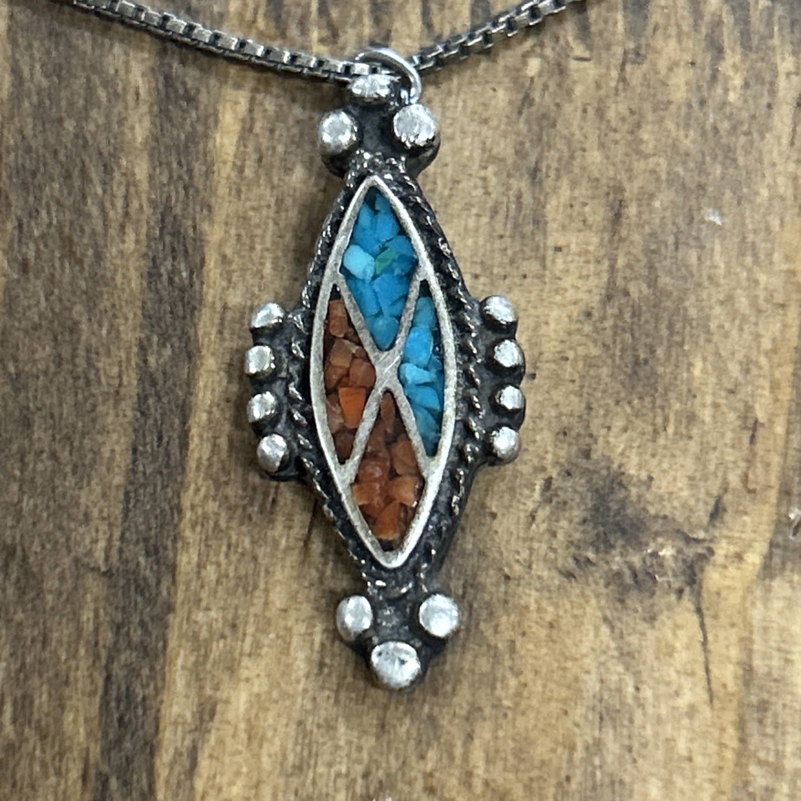 19” 925 Silver Box Chain Native American Turquoise/ Coral Inlay Pendant 7.83 G