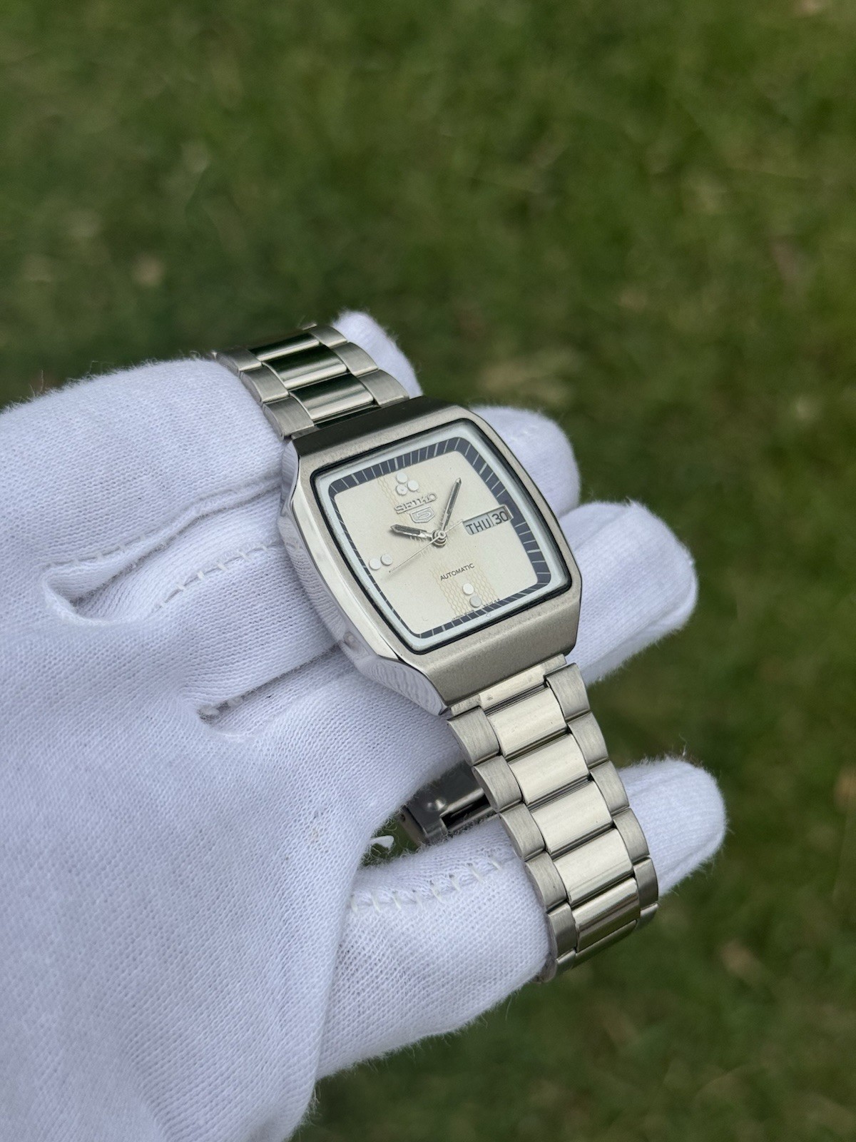 Vintage Seiko 5 Automatic 6309 Mens WristWatch Silver TV Dial Day Date Japan 21J