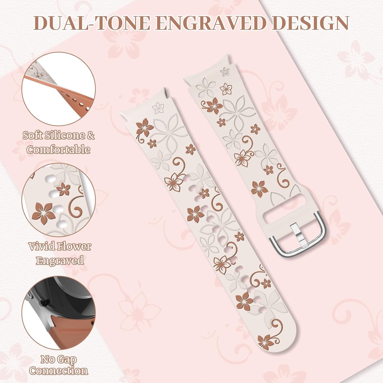 Flower Engraved Band for Samsung Galaxy Watch 7/6/5/4/FE 40mm 44mm/Galaxy Watch