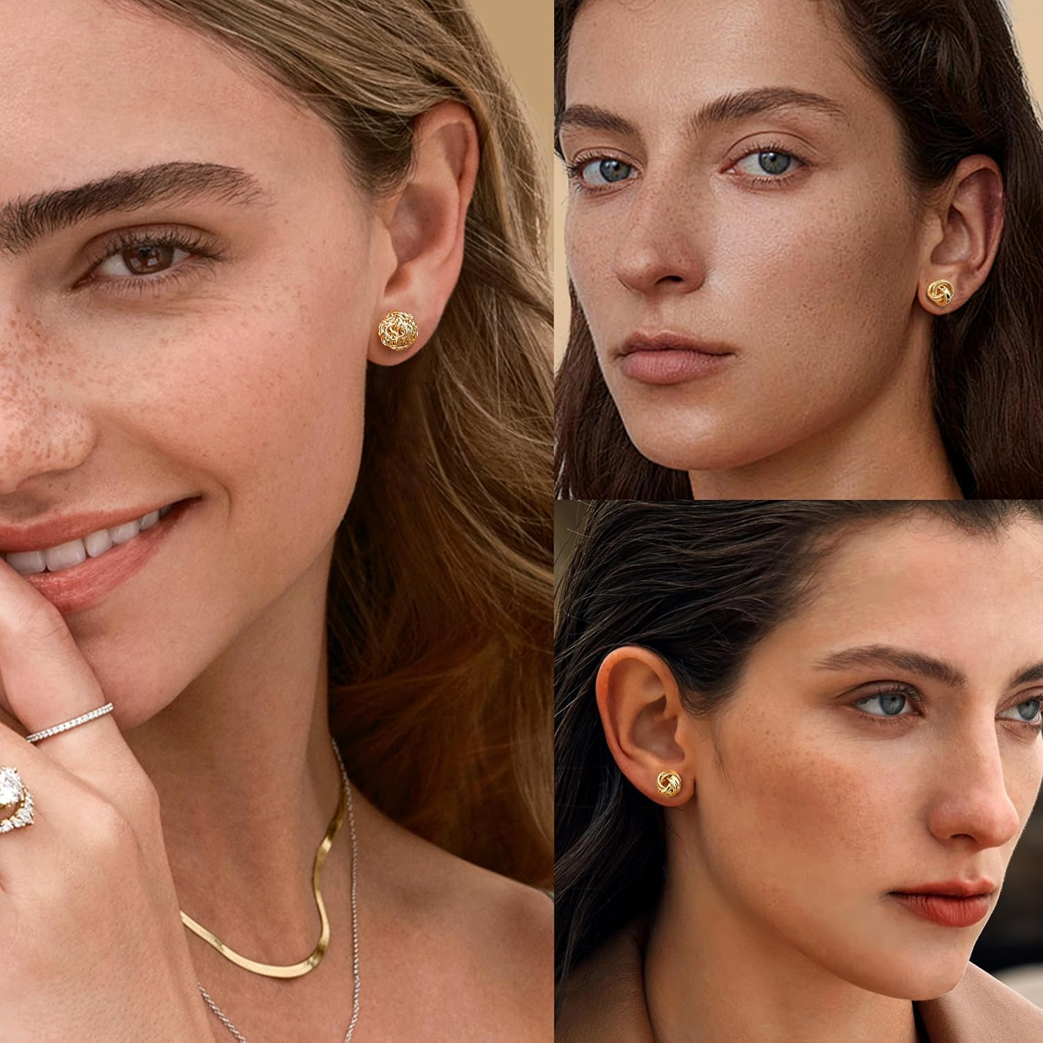 3 Pairs 14K Gold Plated Knot Earrings for Women Hypoallergenic Small Stud Earrin