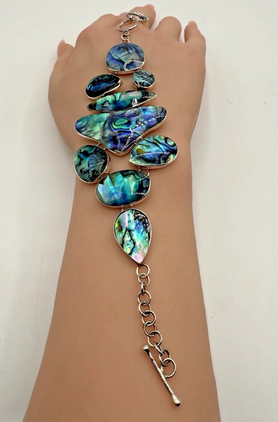 925 Sterling Silver Abalone Shell Statement Bracelet Adjustable 6.5–8” 21g