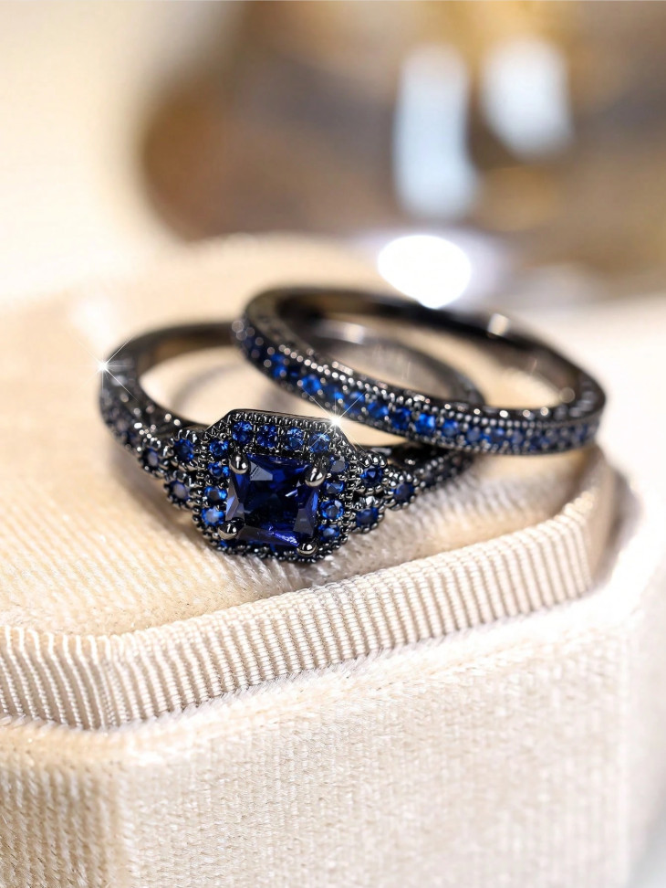 Vintage Black Blue CZ Wedding Engagement Ring Set Bridal Women Fashion Jewelry