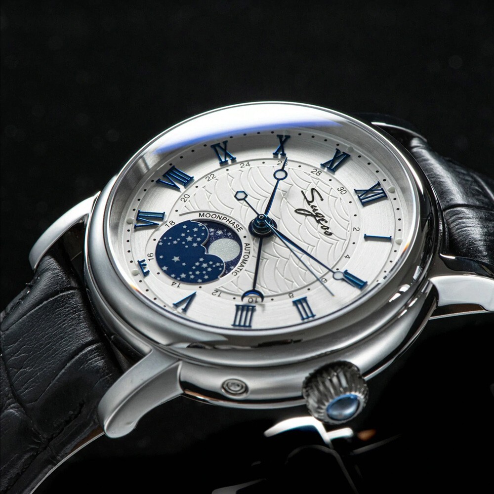 Sugess Moonphase Mechanical Steel Leather Black White Sapphire Men’s Watch