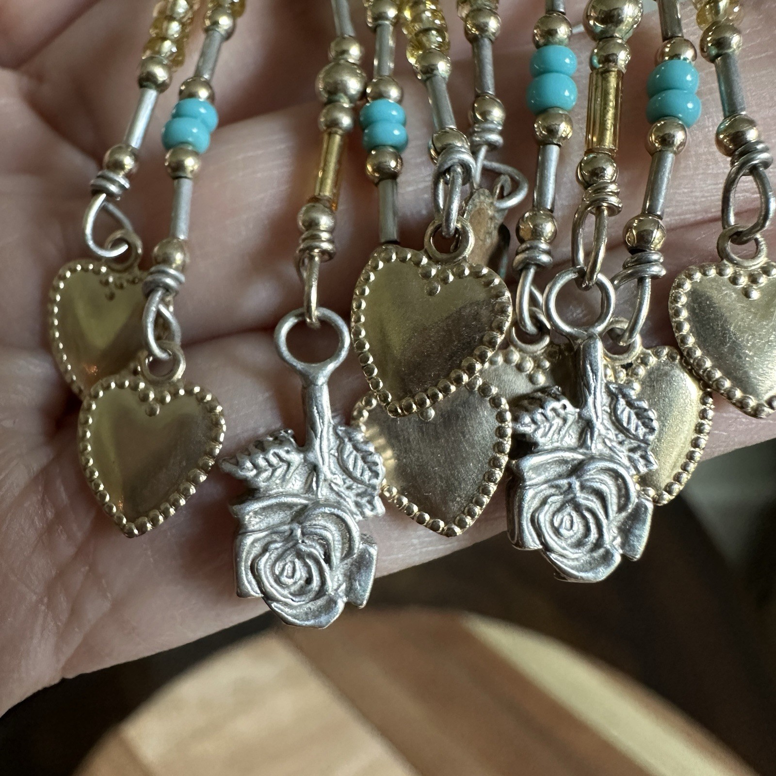 Artisan Western Hook Dangle Earrings 3 Inch Mixed Metals Beads Roses Hearts Love