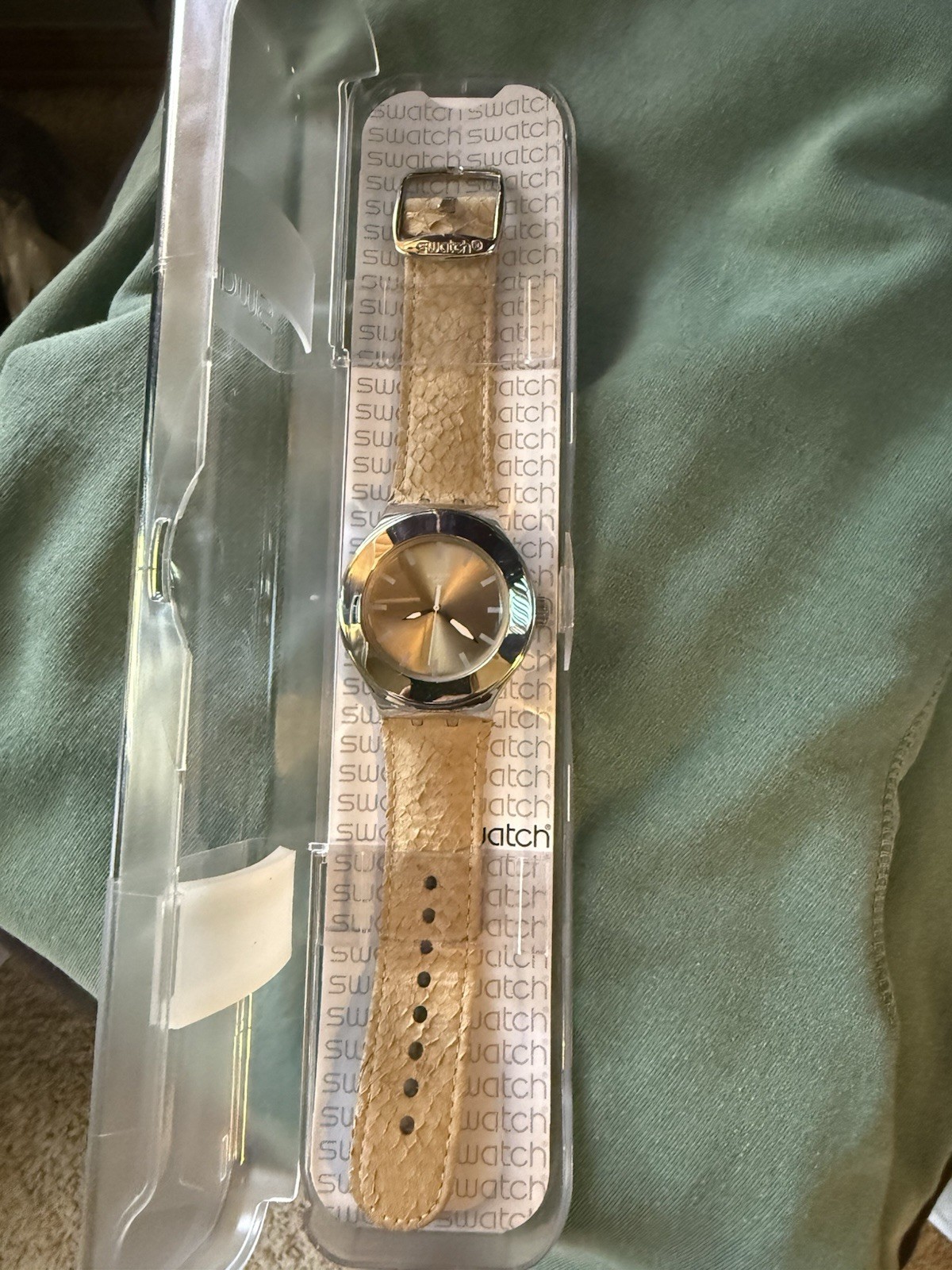 Swatch Women’s Irony Yns121 Beige Leather Quartz Watch With Gold Dial w/ Box