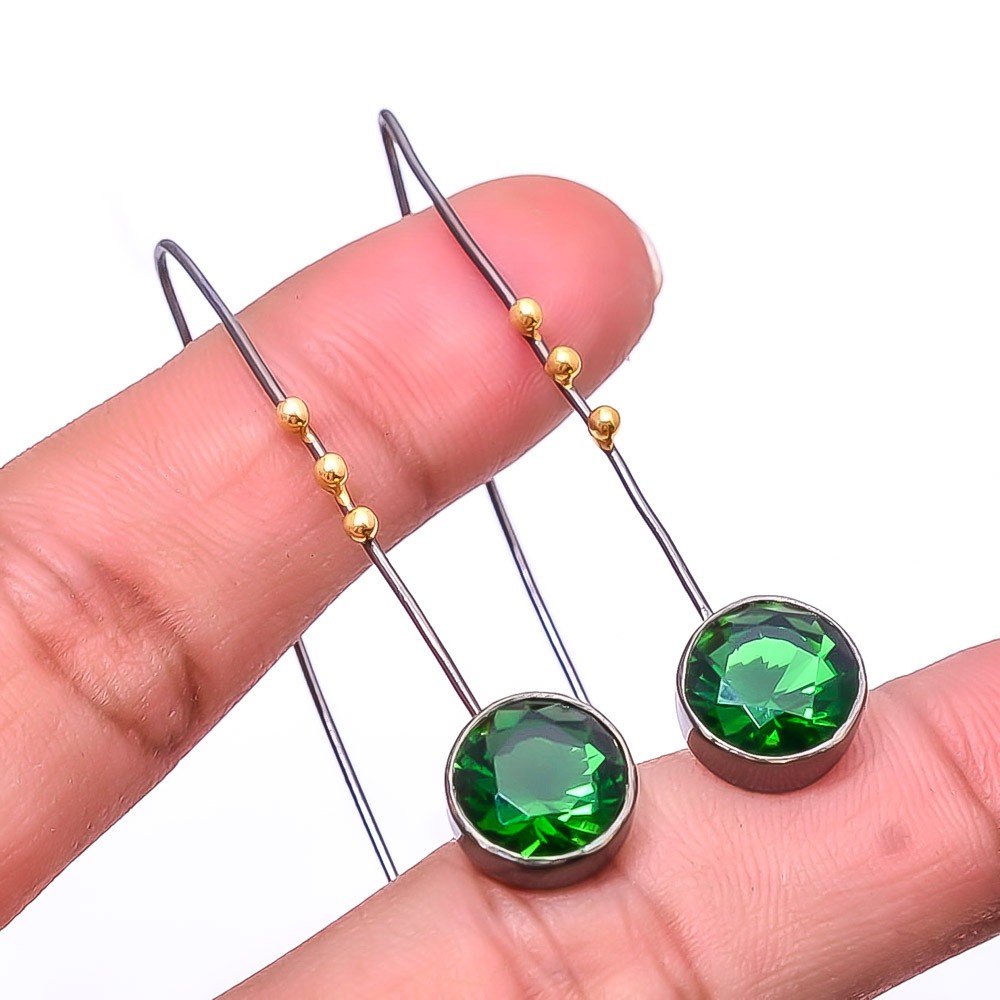 Emerald (Simulated) 925 Silver Black And Gold Rhodium Plated Earring 1.95″ E30