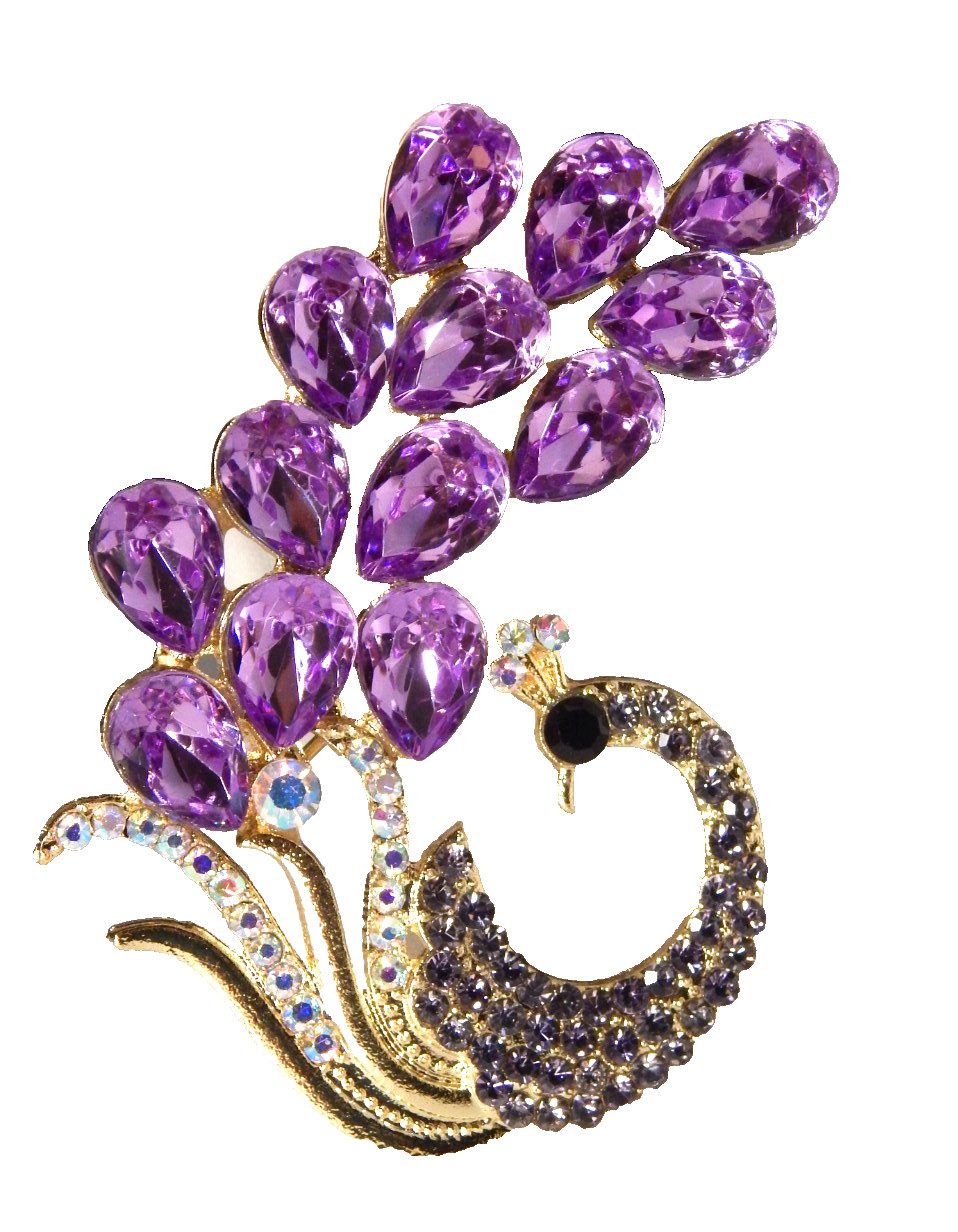 Classic Luxury Peacock Bird Gold Tone Brooch Pin Purple & AB Rhinestone Crystal