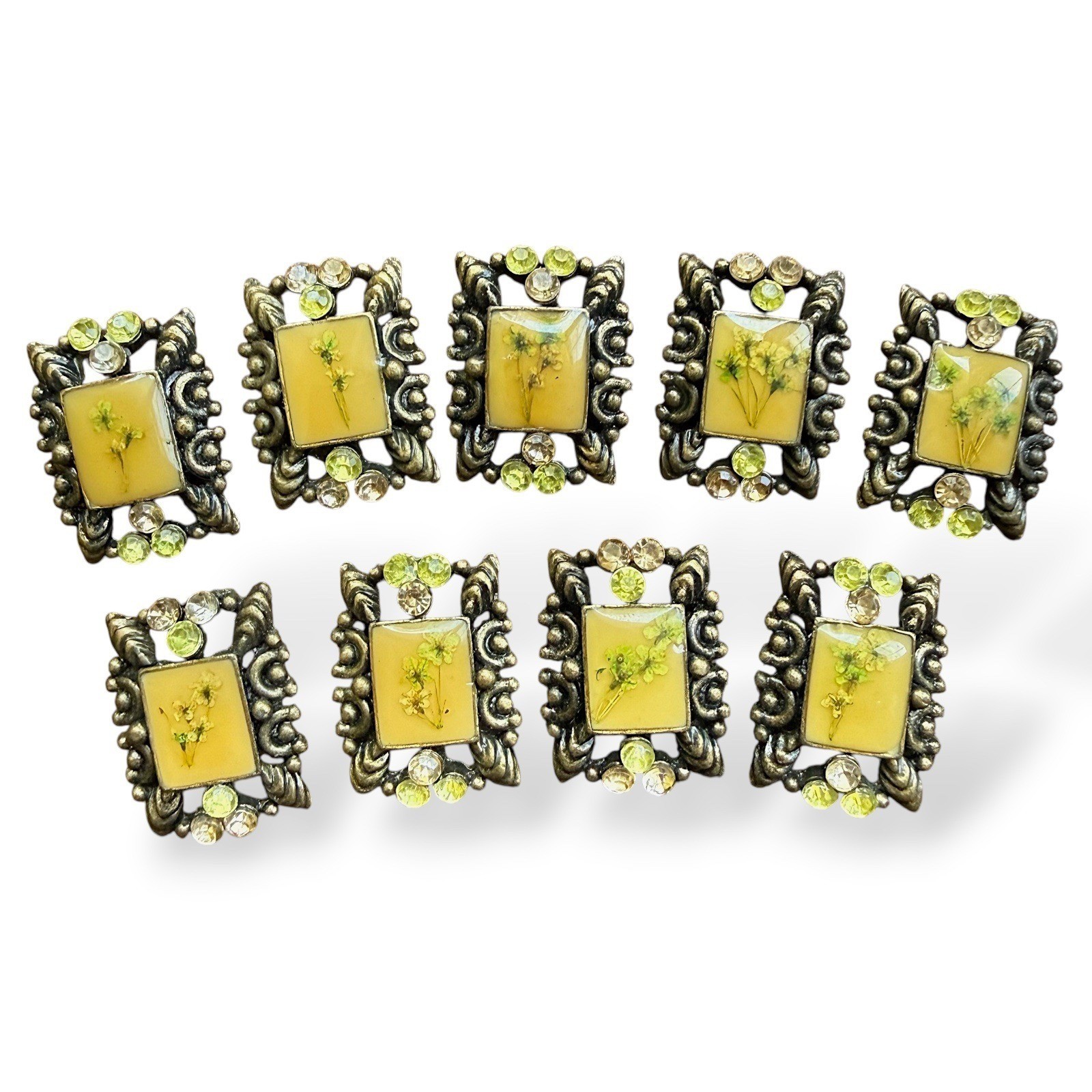 Lot 9 Vintage Ribbon Slide Brooches Dried Pressed Flower Resin Rhinestone