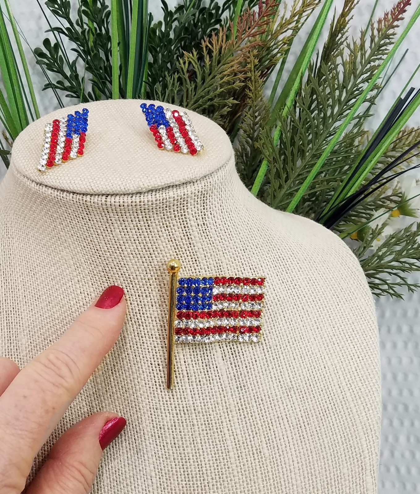 New! Red White & Blue Crystal Gold Tone American Flag Brooch and Stud Earrings