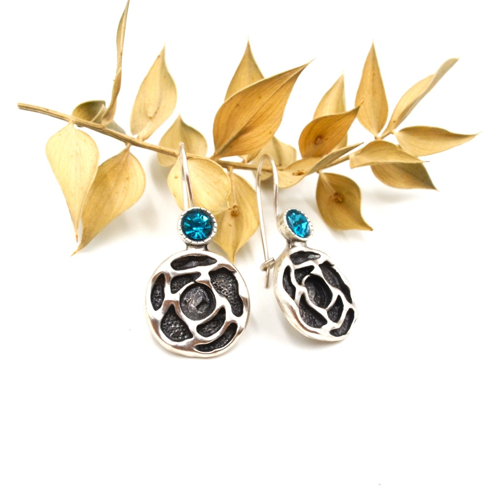 Lightweight Antique Silver Round Dangle Earrings Blue Zircon Boho Jewelry