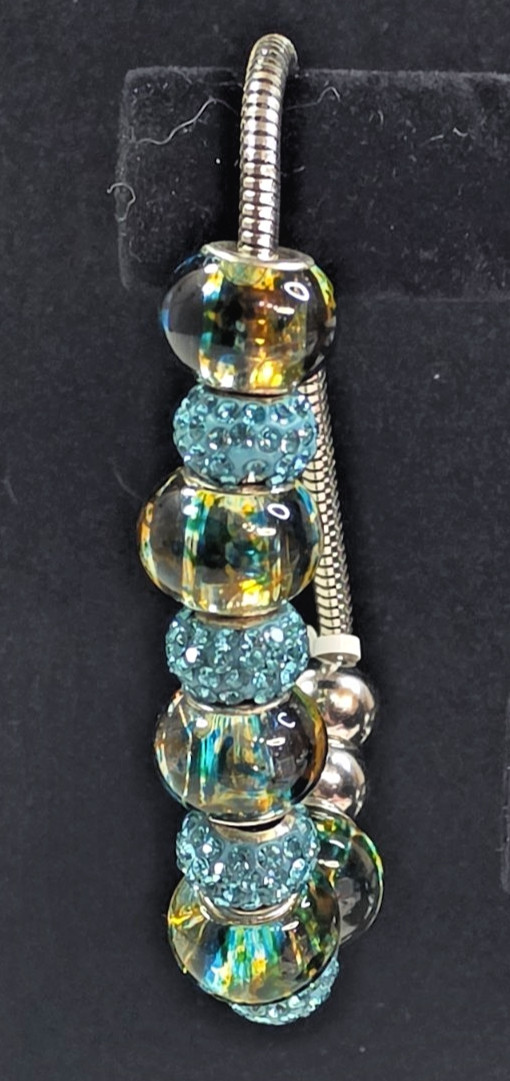 Silver Tone Snake Chain Magnetic Clasp Beaded European Charm Bracelet Blue 8in