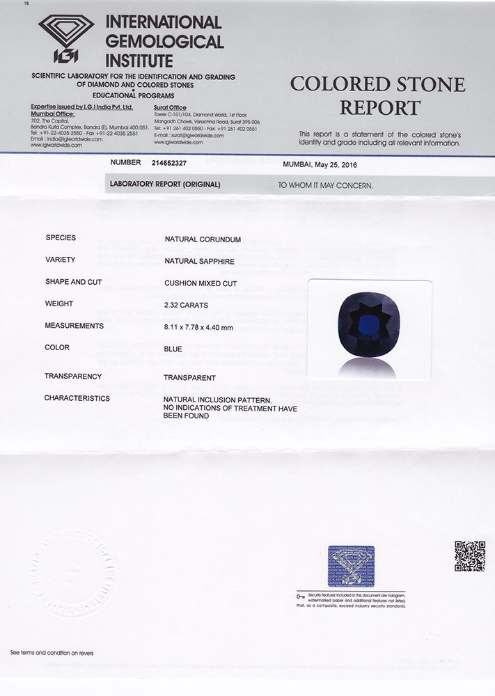 IGI Certified MADAGASCAR Blue Sapphire 2.32 Cts Natural Untreated Cushion