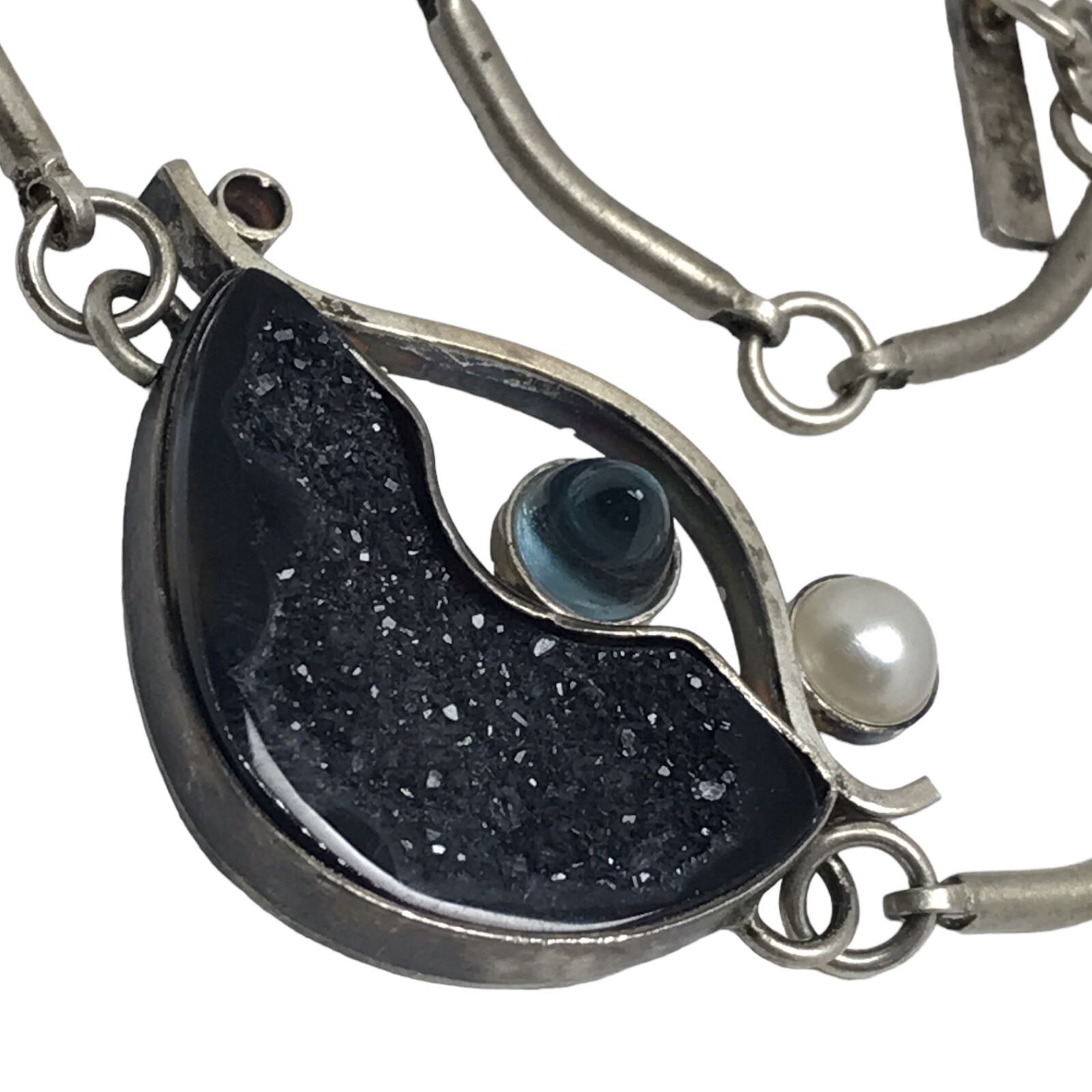 sterling silver brutalist modernist druzy blue eye necklace 17” Not Stamped