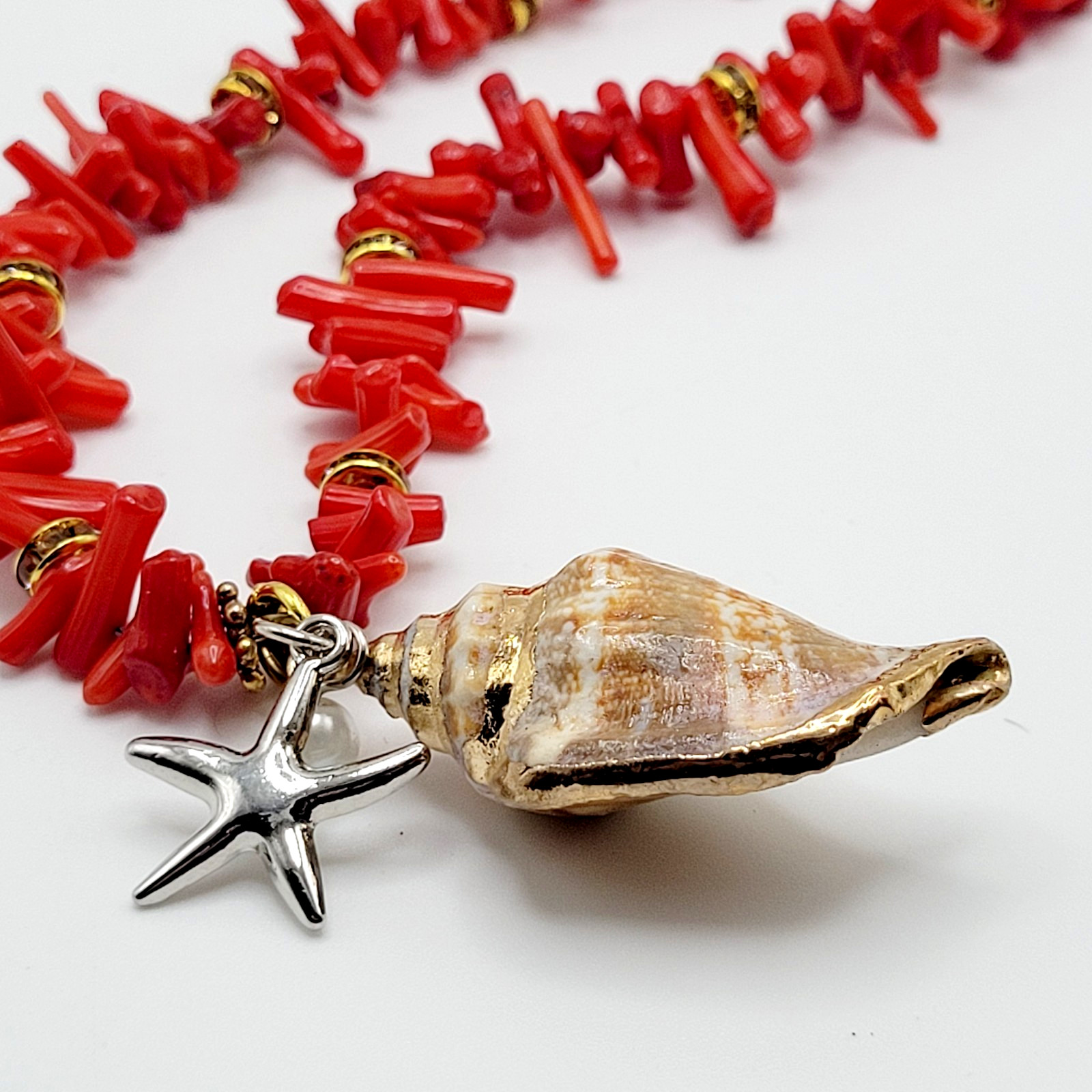 Vintage SW Artisan Red Branch Coral w Shell Pendant Gold Tone Cones Necklace