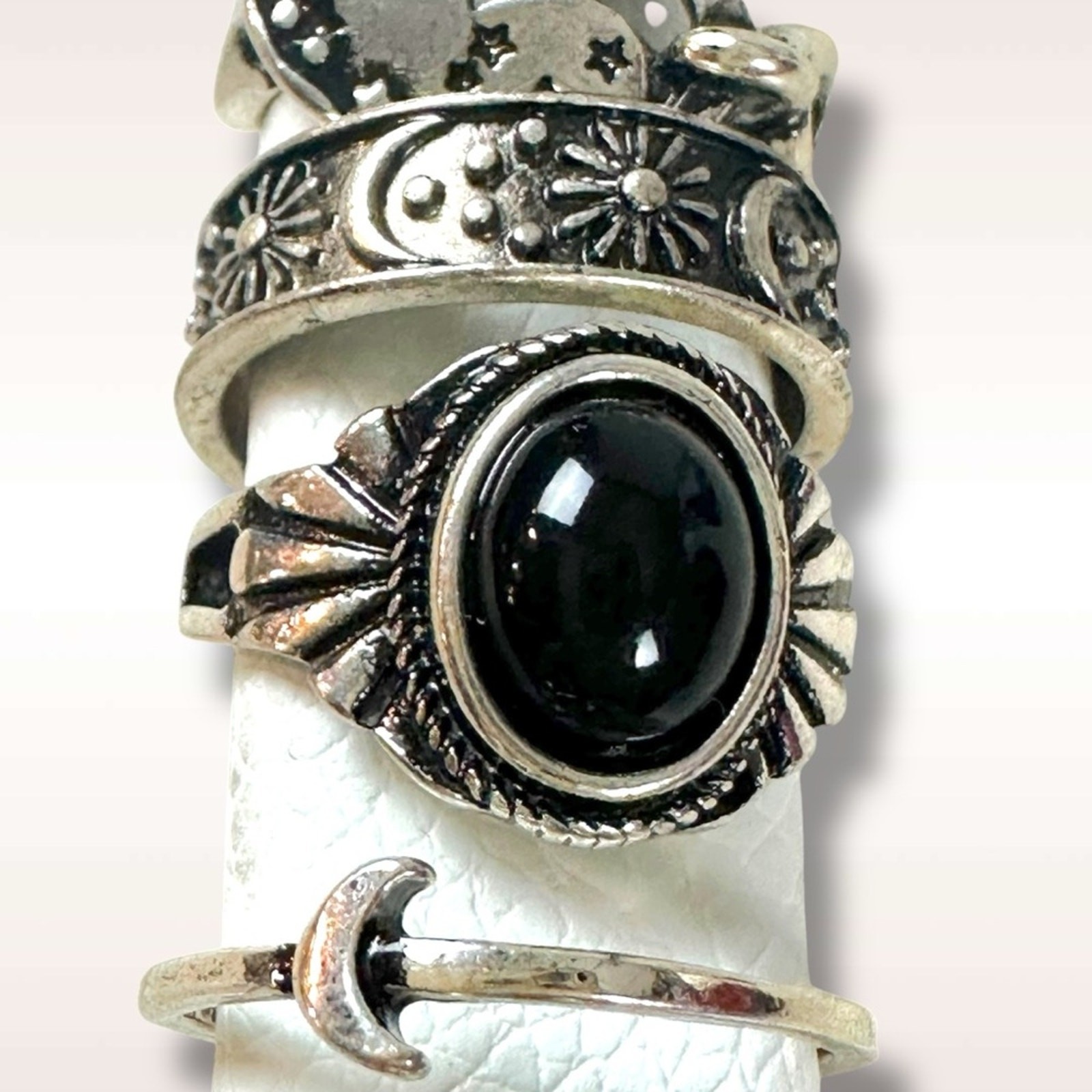 Free People Celestial Western Bohemian Ring Set Silver Onyx Snake Moon Star NWT