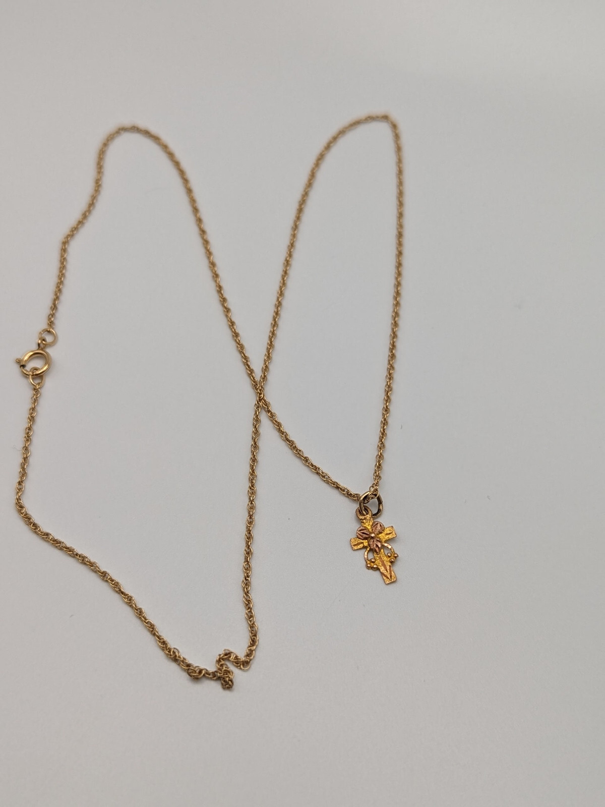 10k 12k Black Hills Gold Pendant w 14k GF Chain BHG Leaf & Vine Cross Pendant
