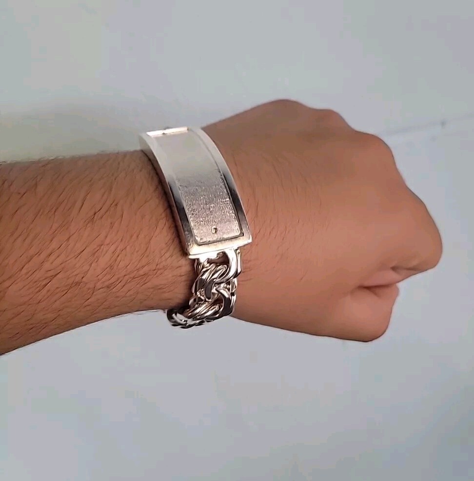 925 Sterling Silver Chino Link ID Bracelet Plain Frame 114g 8inch 15mm Hand Made