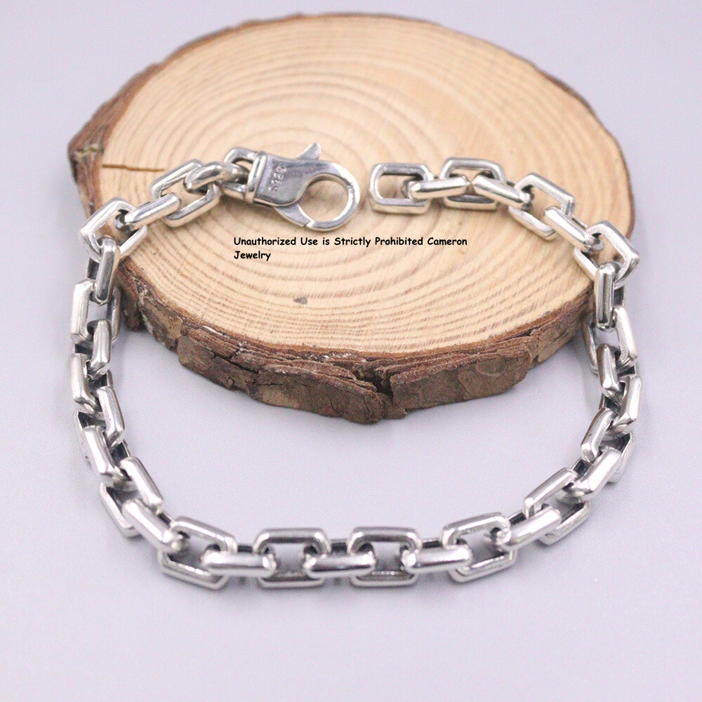 Solid S925 Sterling Silver Chain 6.5mm Square O Link Bracelet 26-27g 8.26inch