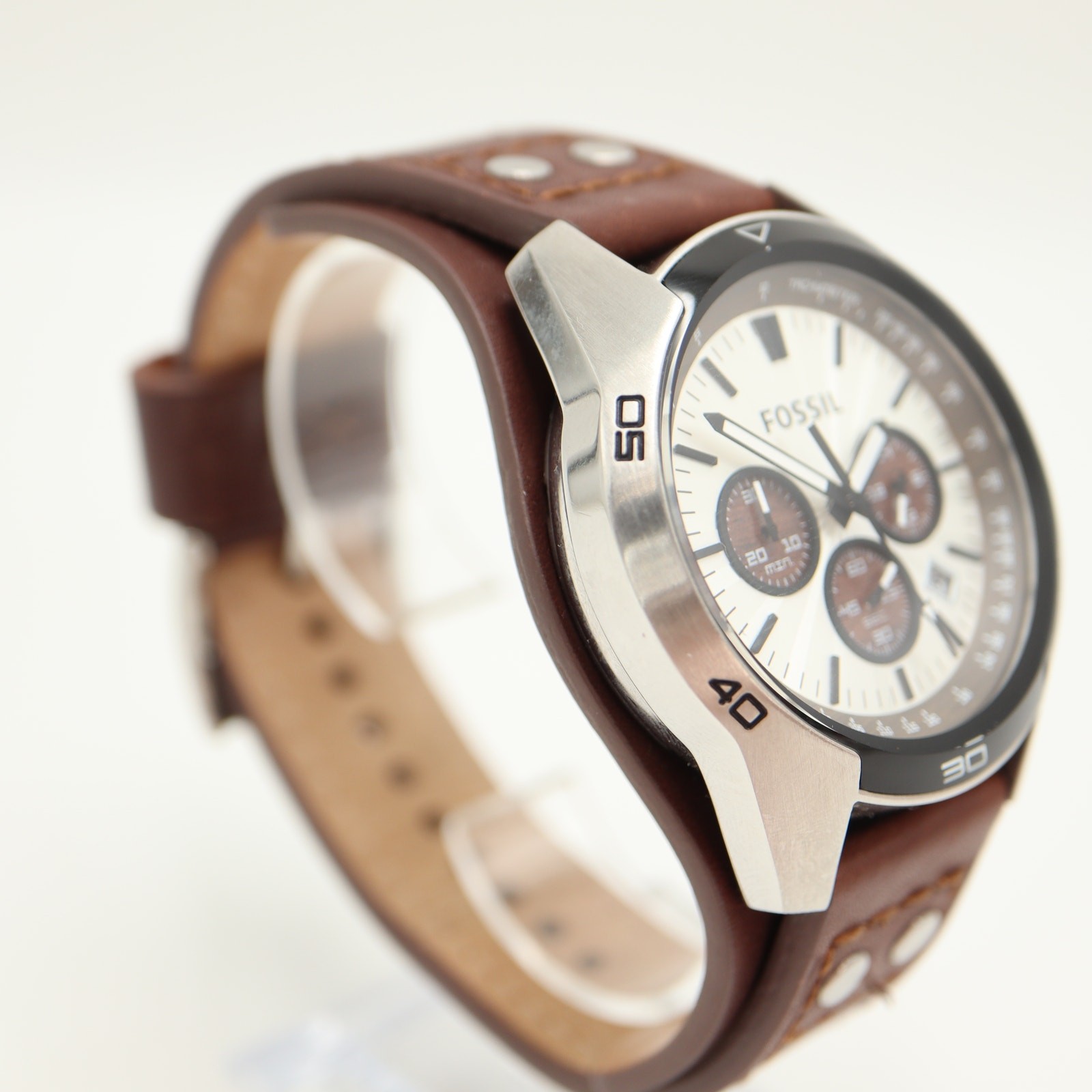Fossil Coachman Mens Brown 45mm Watch Wood Grain Subs Leather Cuff w New Battery