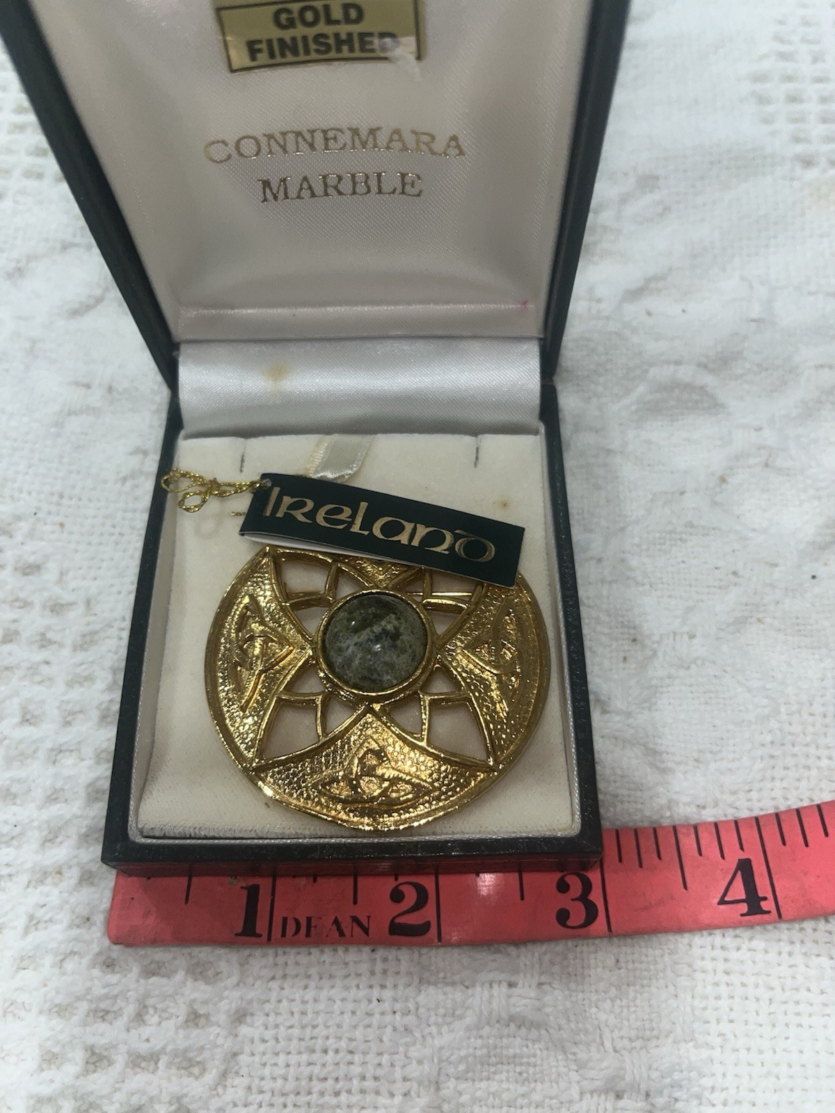 Ireland Connemara Marble Gold Finished Round Brooch Pin Bezel Set Green Gray
