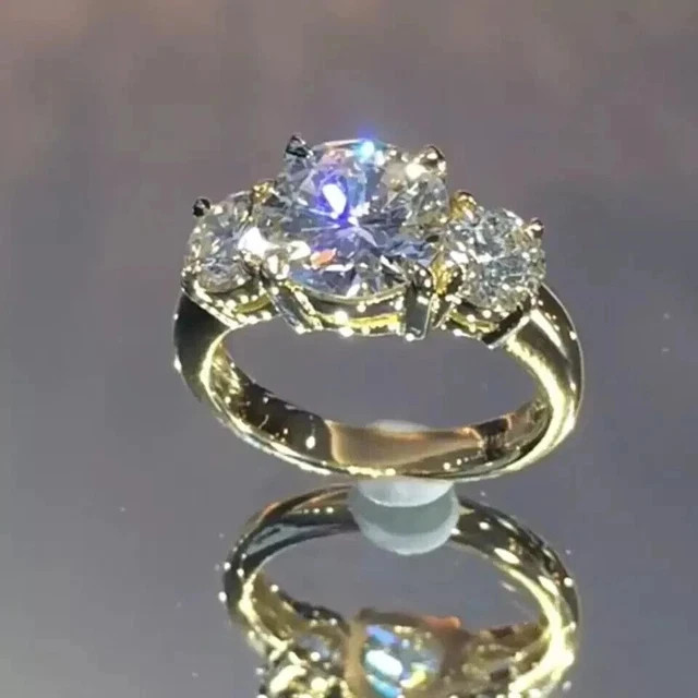 4CT Round Moissanite 3 Stone Engagement Ring 14K Yellow Gold Over 925 Silver