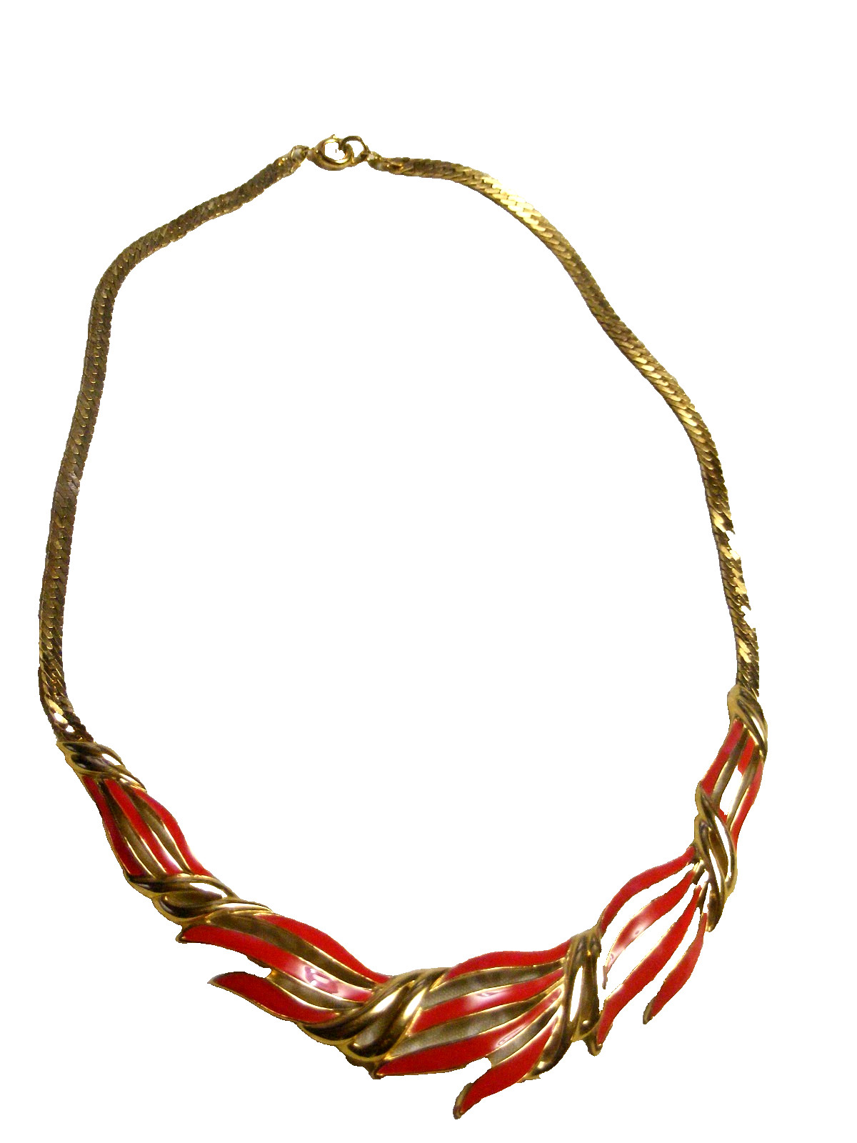 70S TRIFARI NECKLACE RED ENAMEL FEATHER GOLD SERPENTINE CHAIN DISCO ERA JEWELRY