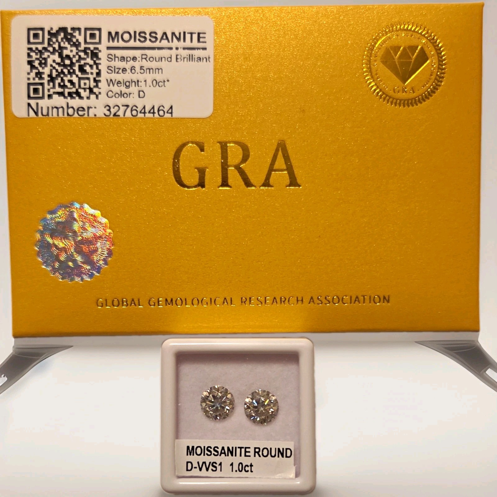 GRA Certified D VVS1 Round Brilliant Moissanite Loose Gem 1.0ct 6.5mm 2pcs