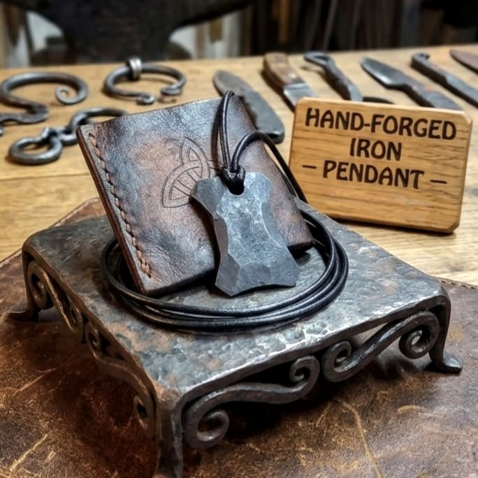 Hand Forged Iron Steel Viking Pendant Amulet Hammered with Genuine Leather Cord
