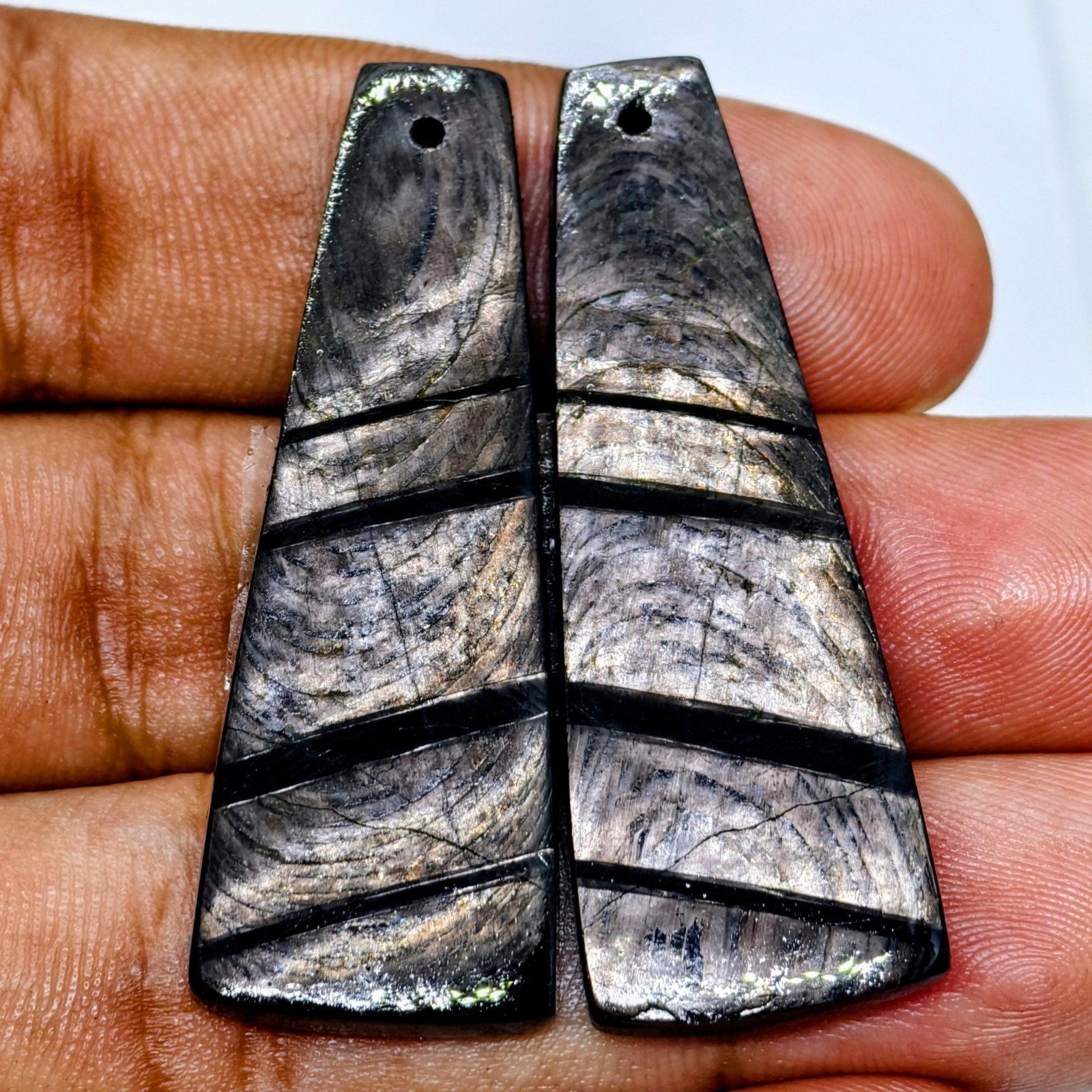 76 Cts Natural Hypersthene Drilled Match Pair Cabochon Gemstone 44.4 X 15.9 MM
