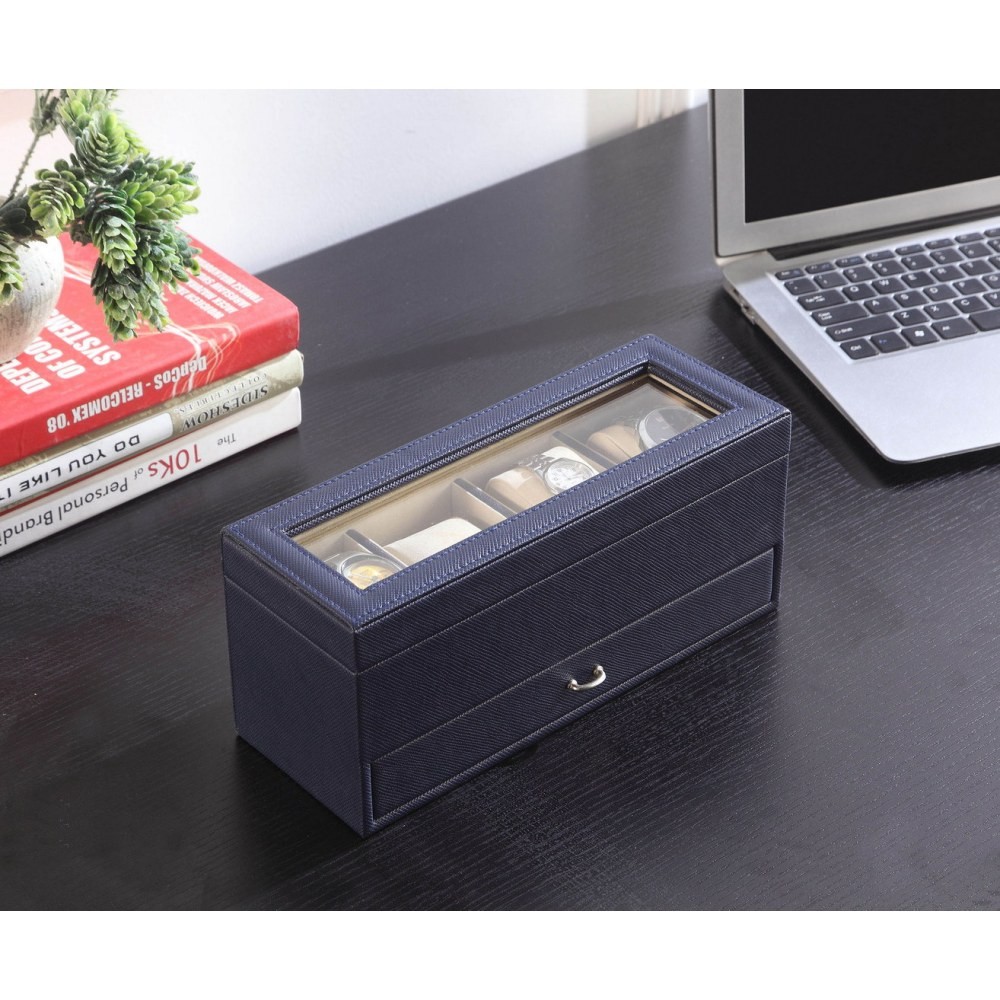 9.3 Inch Leather Jewelry Watch Display Case Tempered Glass Top With Drawers
