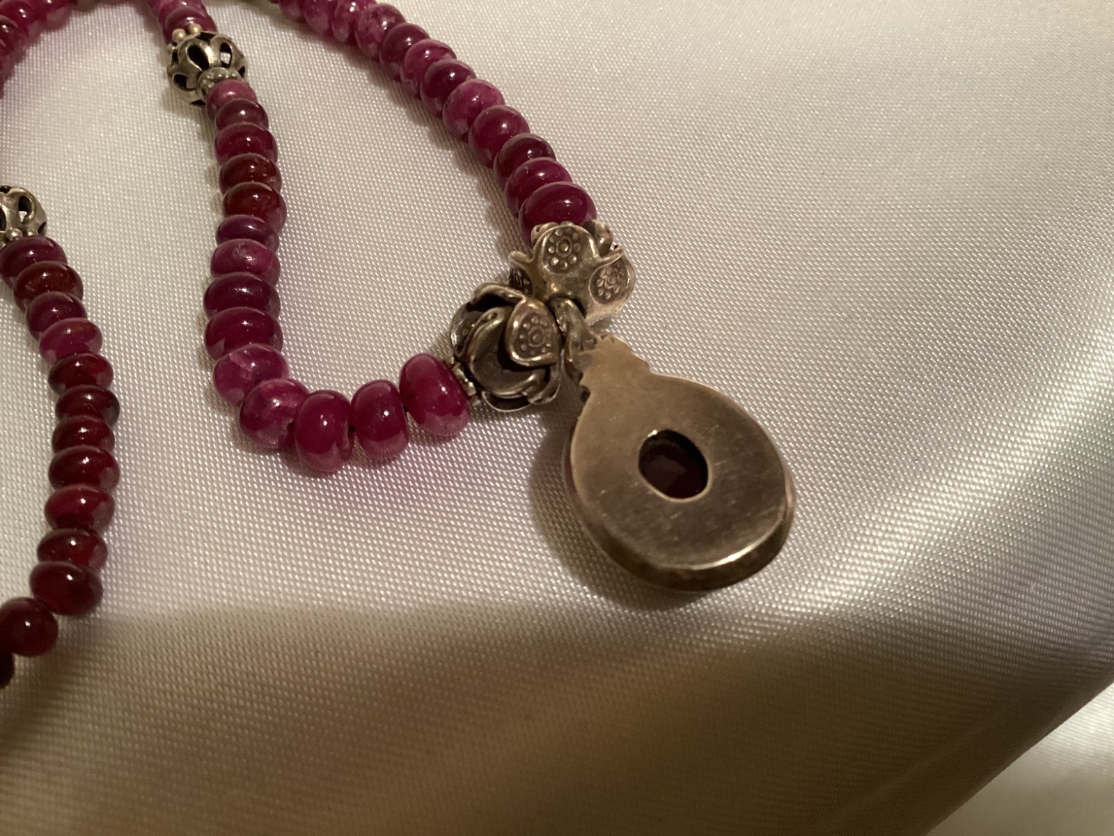 Raw Natural Ruby Roundell Beaded & .925 Sterling Silver Pendant Necklace OOAK