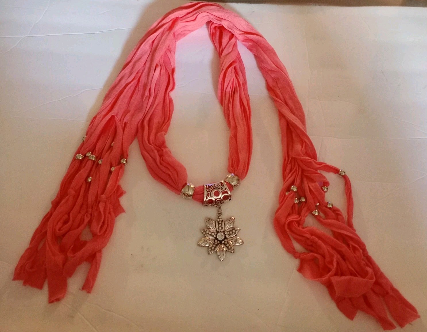 NEW Scarf Necklace with pendant, PEACH with silver tone jewelry