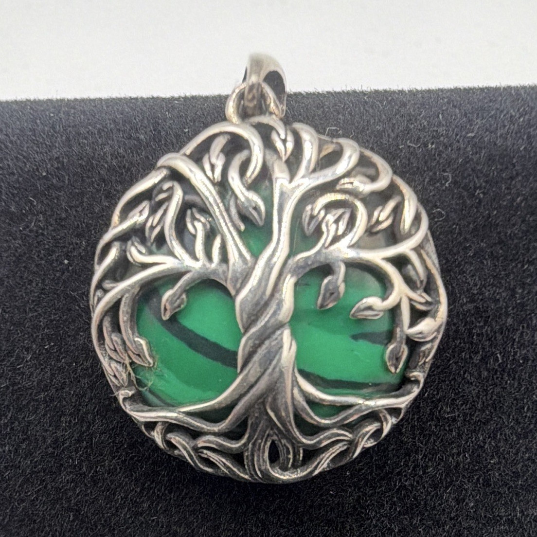 925 Sterling Silver Malachite Tree of Life Round Pendant Snake Chain Signed