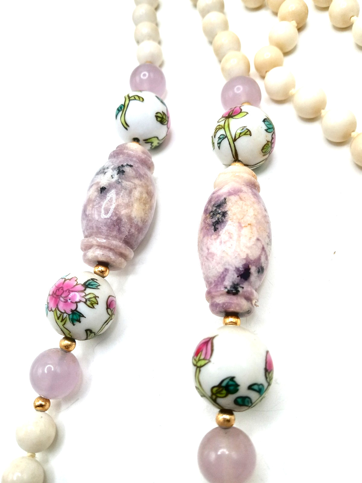 Vintage Porcelain Hand Painted Beads 32 In Necklace w Amethyst and Stone Beads