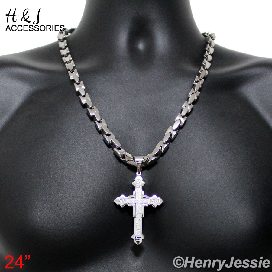 20″24″30″MEN Stainless Steel 8mm Silver Interlock Link Necklace Cross Pendant*20