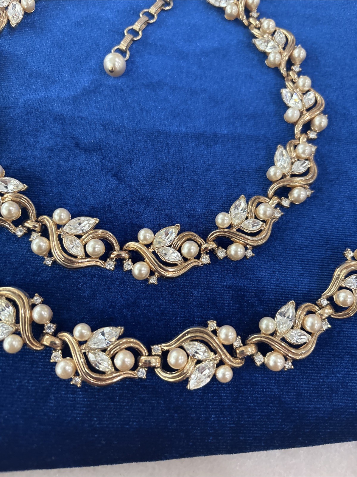 Vintage Midcentury Jewelry Set Signed Trifari. Goldtone, Faux Pearl & Rhinestone