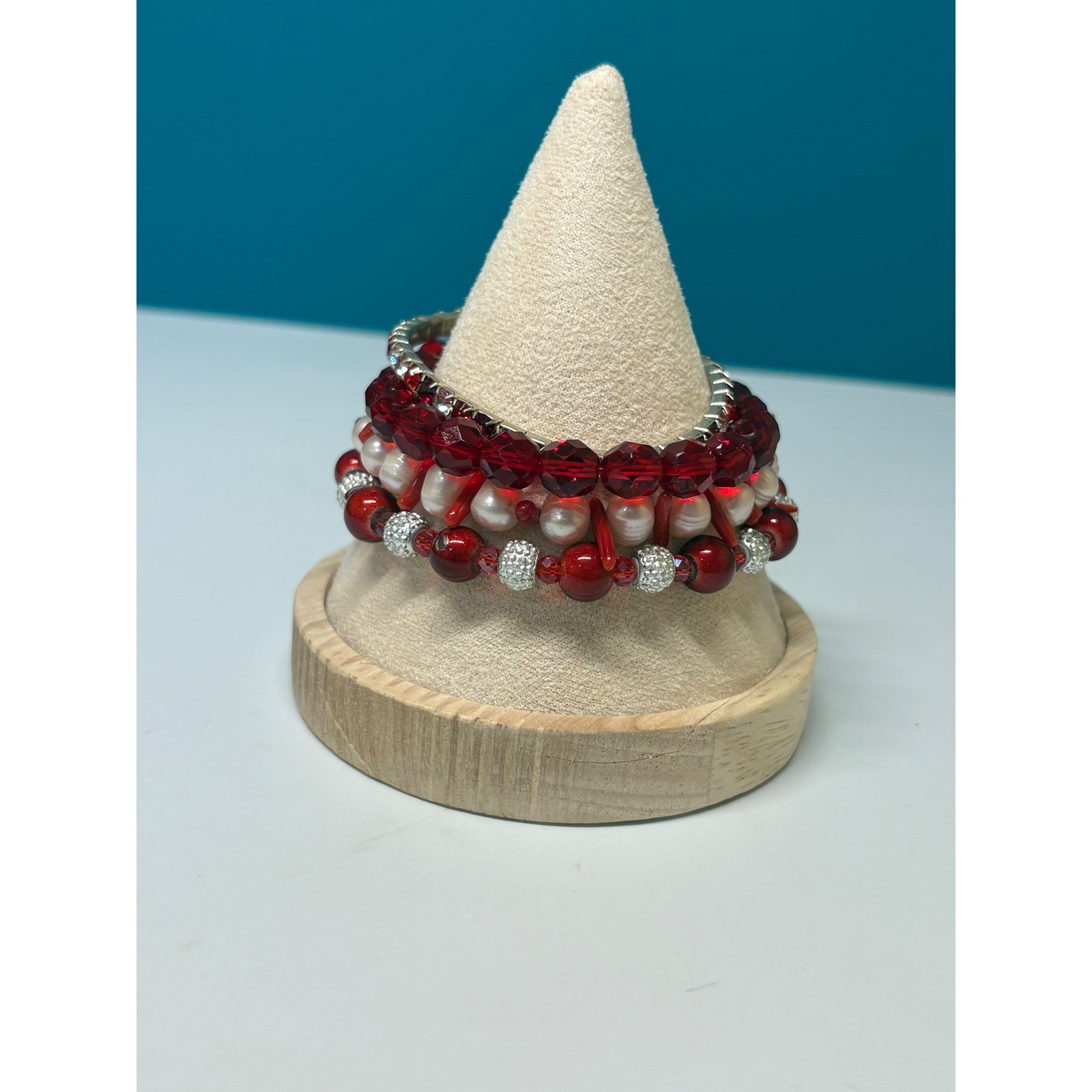 Red White Beaded Bracelet Stack 4pc Set Crystal Pearl Rhinestone Toggle