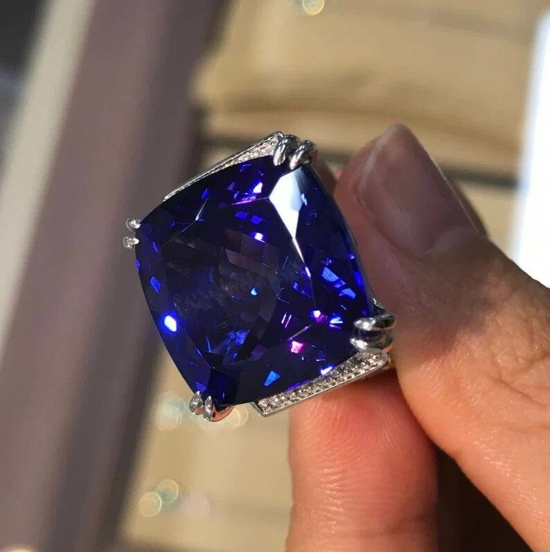 Excellent 26.75CT Lab-Created Cushion Royal Blue & White Sapphire Wedding Ring