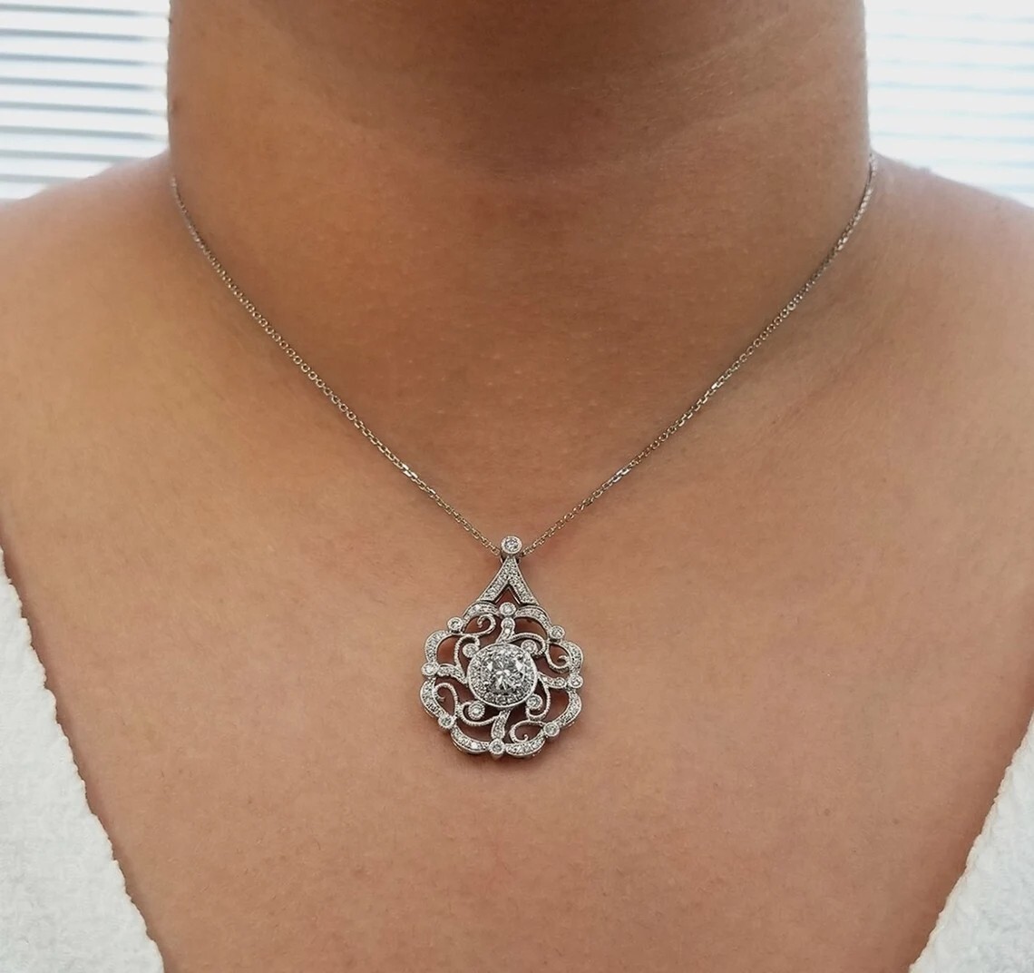 Art Deco Round Cut Lab Created Diamond Engagement 14K White Gold Finish Pendant