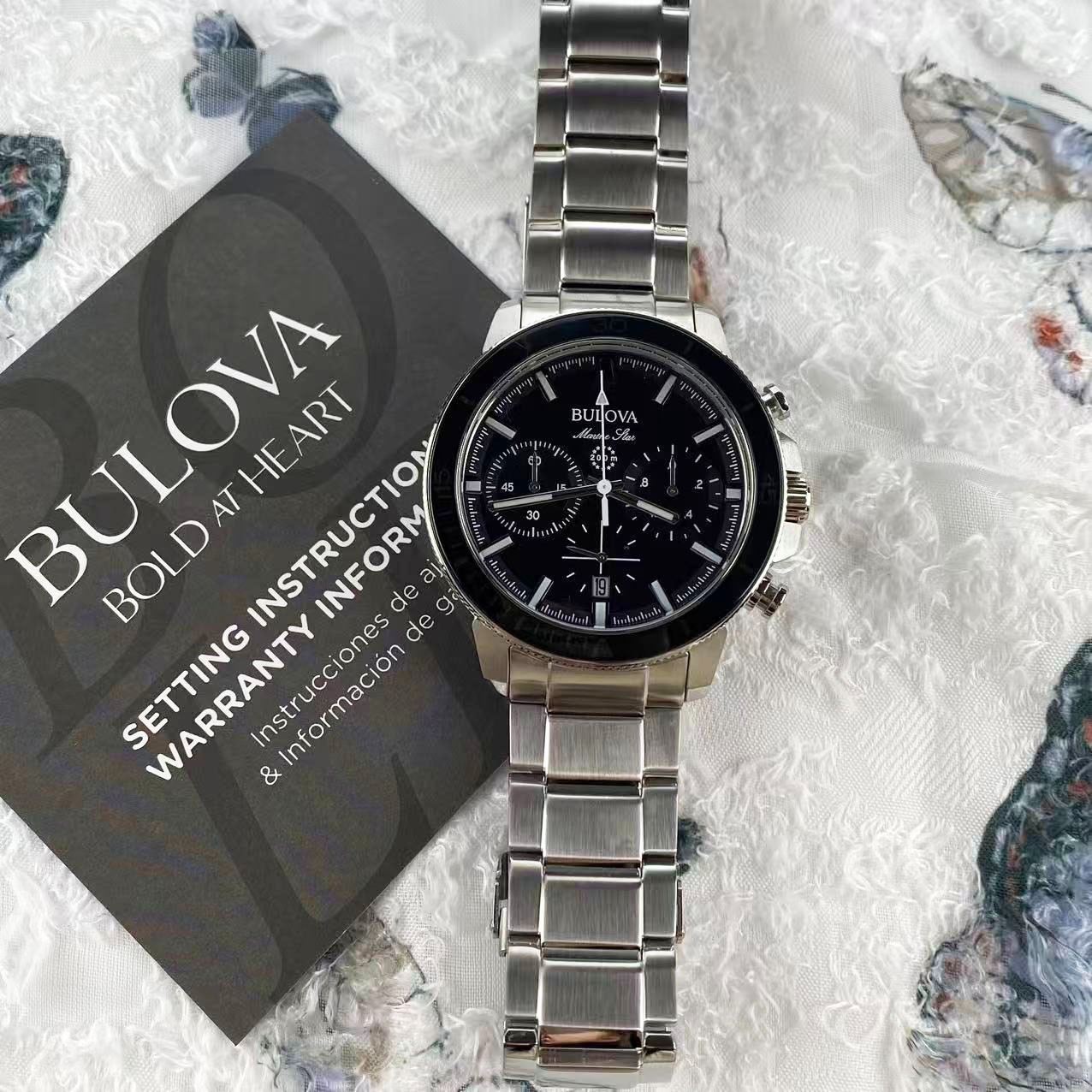 New Bulova Marine Star 45mm Black Dial Stainless Steel Men’s Quartz Watch 96B272