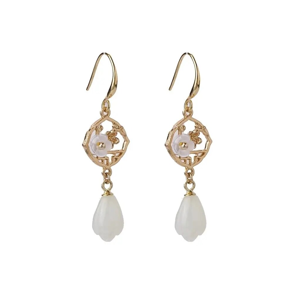 Natural Hetian Jade Retro Hollow Earrings White Jade Retro Long Earrings Jewelry