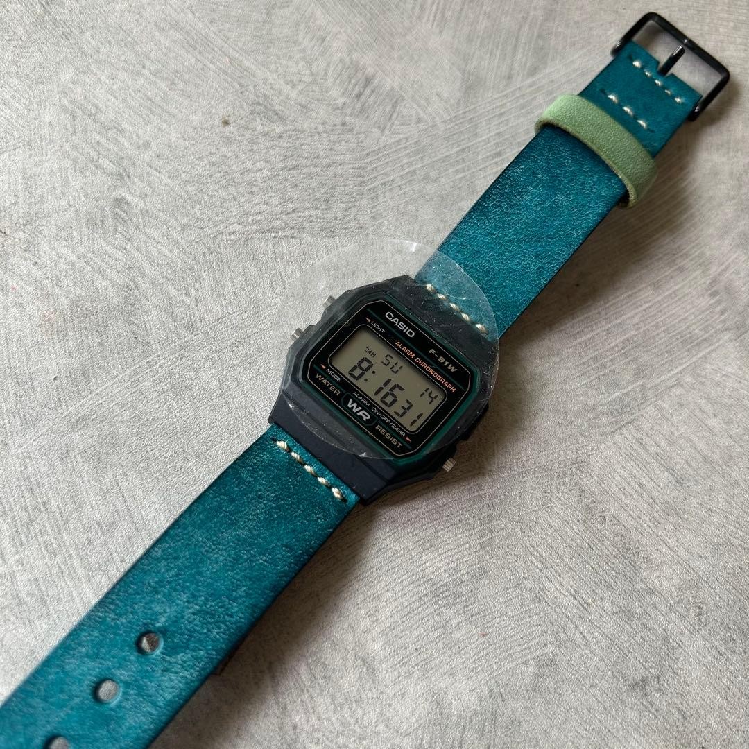 CASIO F 91W leather belt custom Marugo wax turquoise
