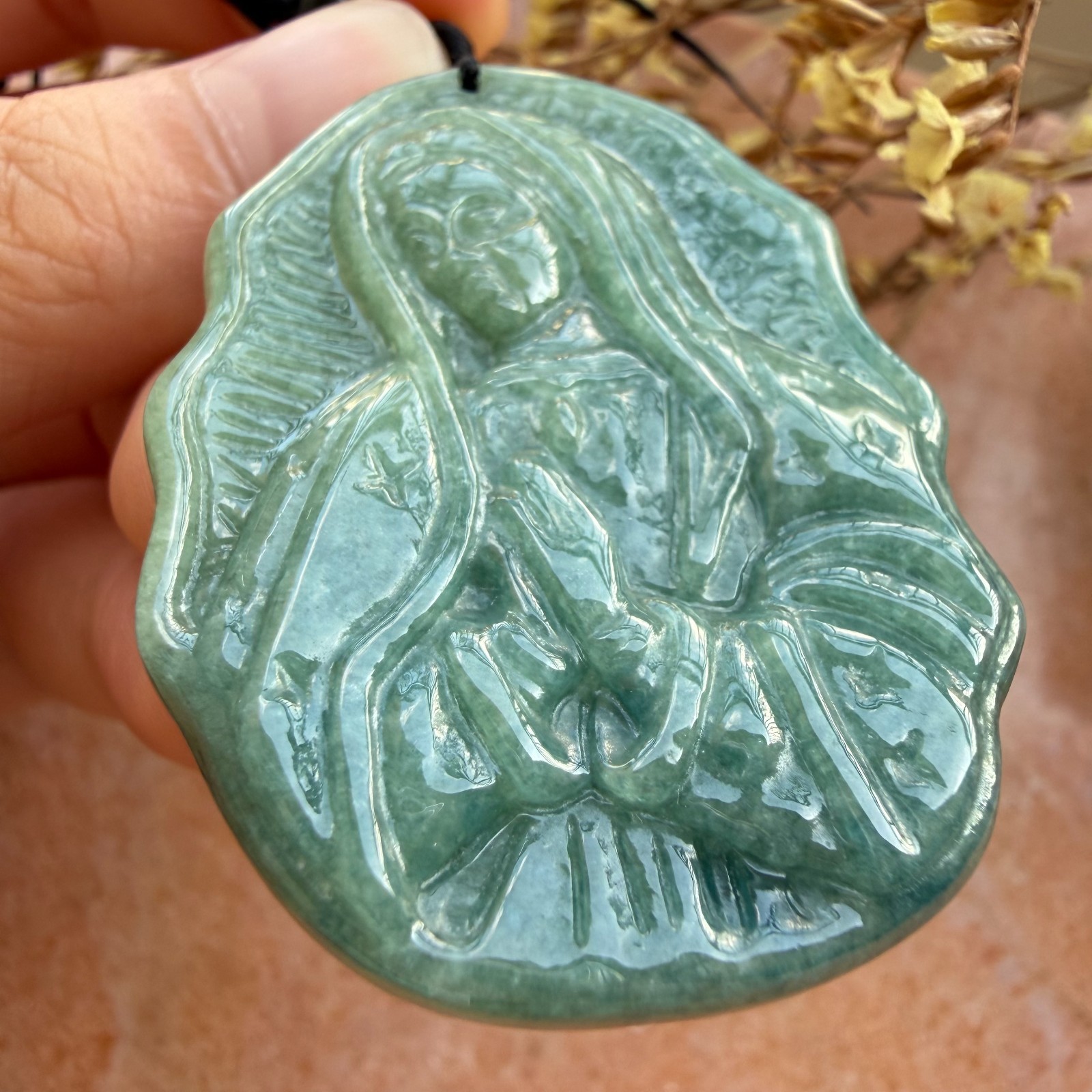 Natural Grade A jadeite green Virgin Mary Plaque Pendant Jade Amulet #50379
