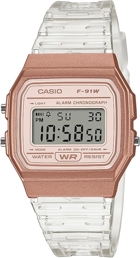 Casio F-91W Digital Watch Rose Gold Face Transparent Clear Resin Band F-91WS