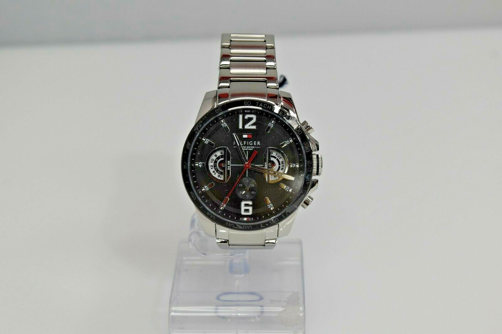 New Tommy Hilfiger Silver Stainless Steel Black Dial 1791472 $175 Watch
