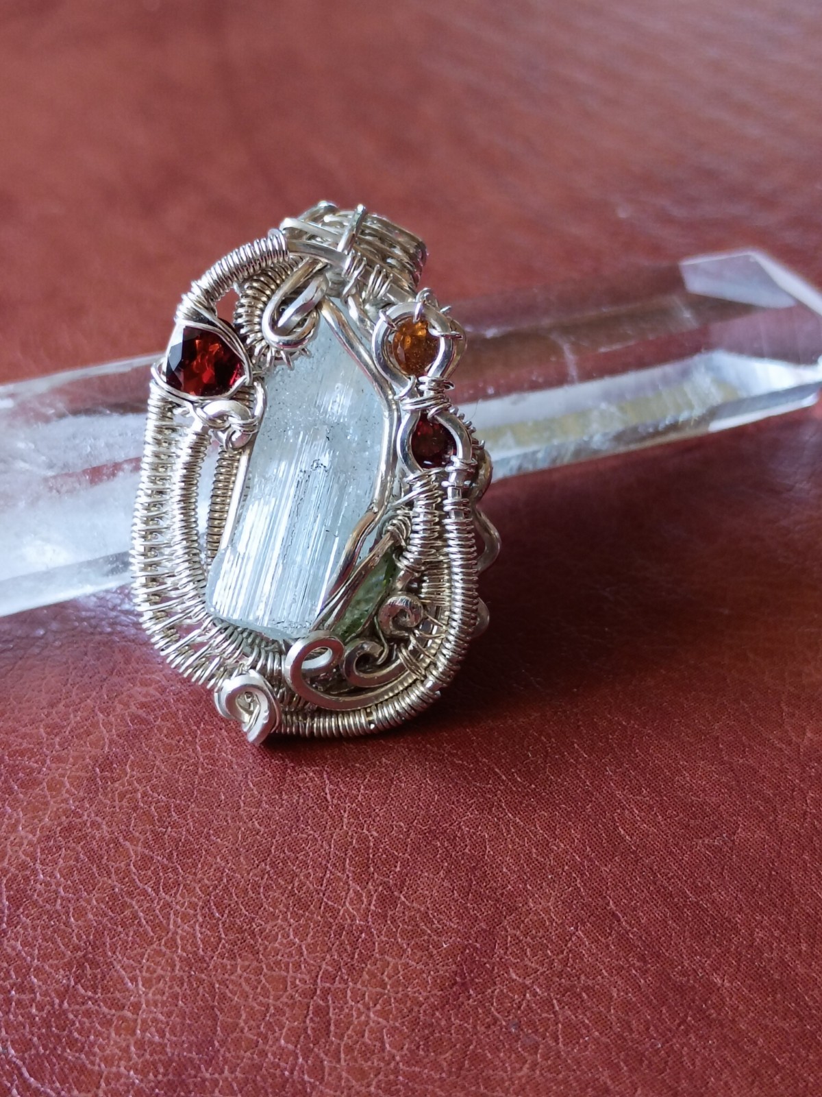 Handcrafted Wire Wrapped Aquamarine Crystal Sterling Silver Amulet Pendant