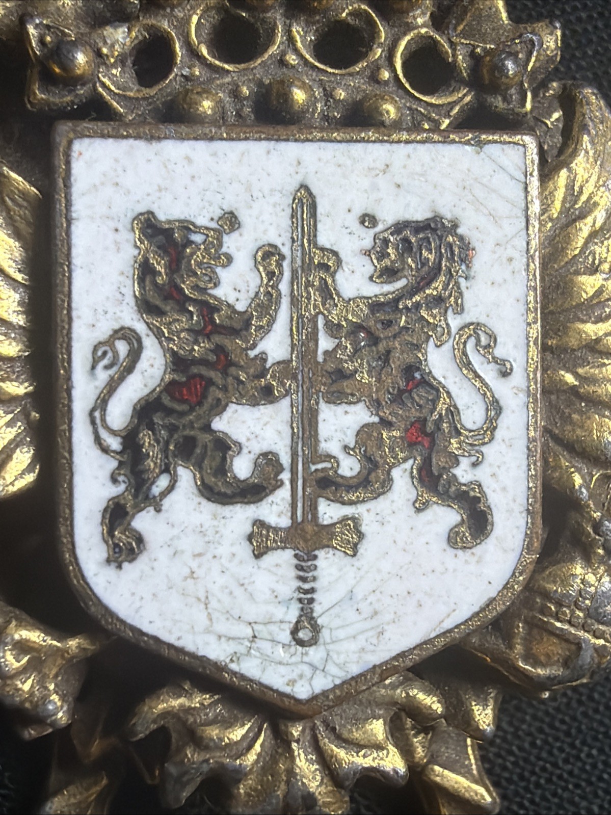 Vintage Heraldic Coat of Arms Standing Red Lions Laurels Fleur De Lis Brooch Pin