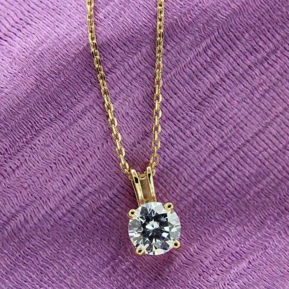 2CT Round-Cut Moissanite Solitaire Pendant Necklaces 14K Yellow Gold Plated