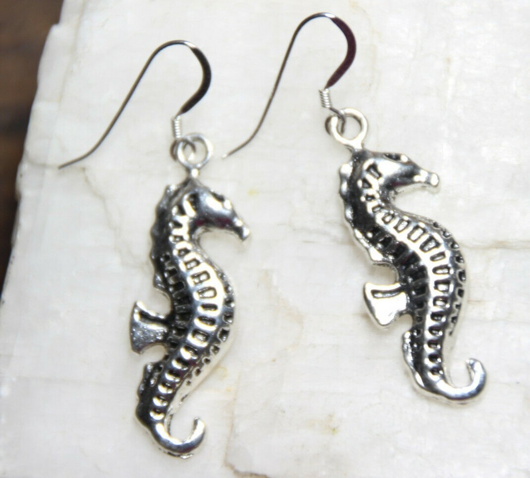 Sea Horse Earrings pendant Ocean Seahorse 925 sterling silver hook pewter charms
