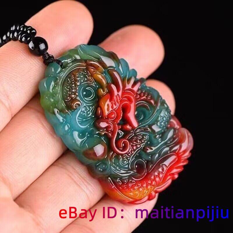 Jade Dragon Pendant Jewelry Natural Necklace Colorful Charm Carved Real Stone
